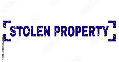 STOLEN PROPERTY title seal print with distress texture. Text title is placed between corners. Blue vector rubber print of STOLEN PROPERTY with dirty texture.
