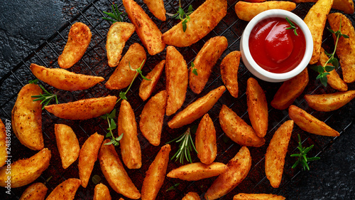 фотографія Paprika potato wedges fries chips, with ketchup and thyme