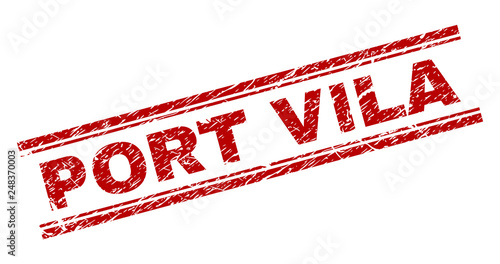 PORT VILA seal stamp with grunge texture. Red vector rubber print of PORT VILA text with grunge texture. Text label is placed between double parallel lines.