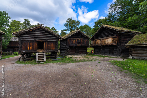 Log houses in the farmstead from at Norsk Folkemuseum, one of the most visited museums in Oslo, Norway