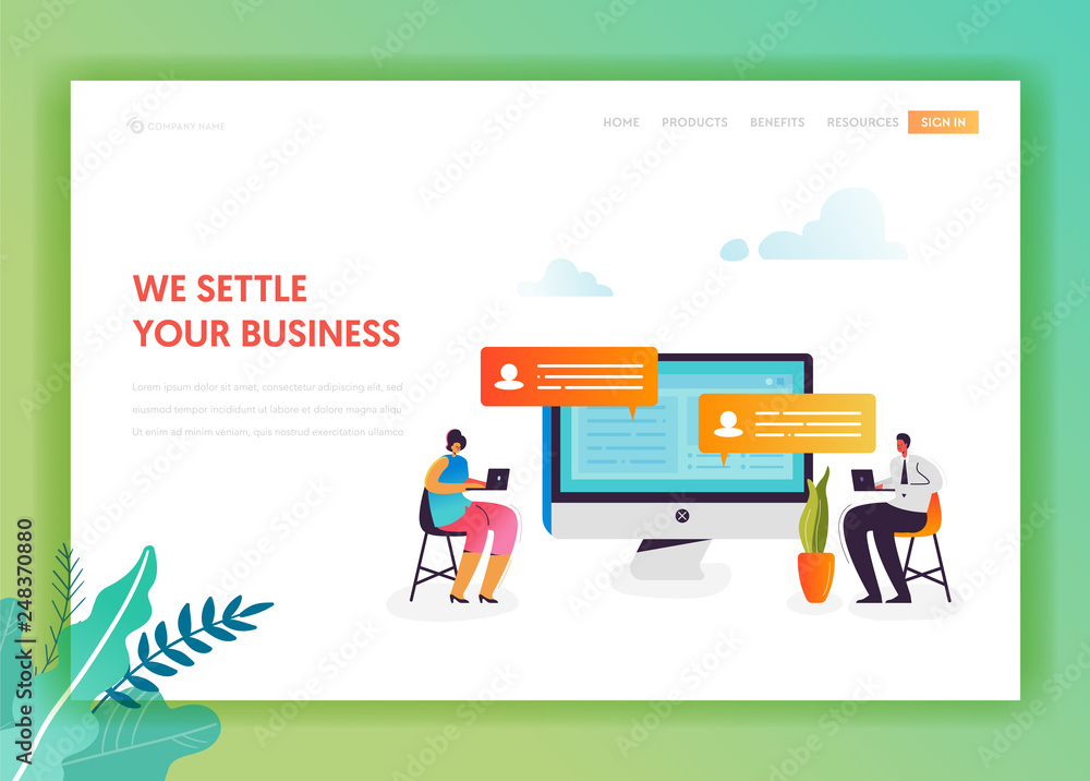 Social Media Networking Landing Page Template. People Characters Chatting in Social Network using Mobile Gadgets for Website Banner. Vector illustration