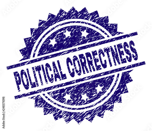 POLITICAL CORRECTNESS stamp seal watermark with distress style. Blue vector rubber print of POLITICAL CORRECTNESS text with scratched texture.