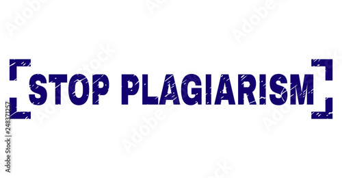 STOP PLAGIARISM label seal watermark with grunge texture. Text label is placed between corners. Blue vector rubber print of STOP PLAGIARISM with grunge texture.