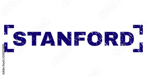 STANFORD text seal print with corroded effect. Text label is placed inside corners. Blue vector rubber print of STANFORD with grunge texture. photo