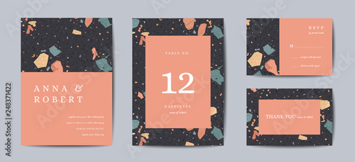 Terrazzo Wedding Invitation Card Set. Luxury Geometric Abstract Vintage Design Template for Greetings, Banner, Poster with Marble Texture. Save the Date, RSVP. Vector illustration
