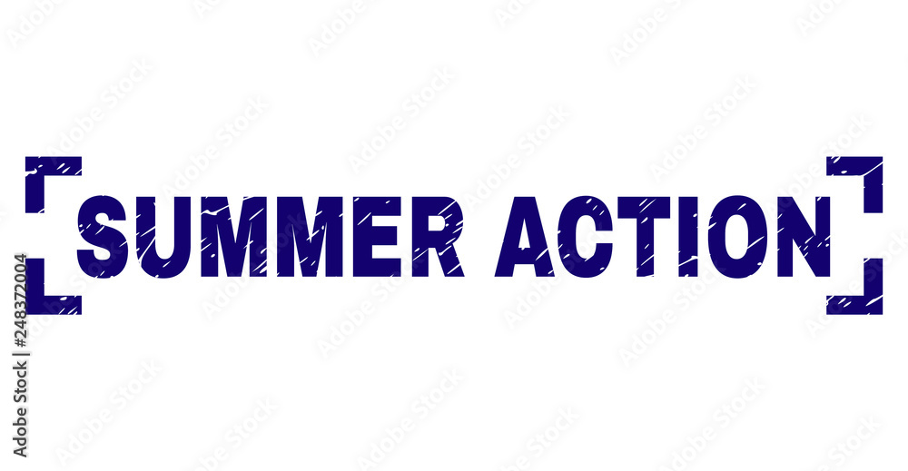 SUMMER ACTION title seal print with corroded texture. Text caption is placed between corners. Blue vector rubber print of SUMMER ACTION with retro texture.