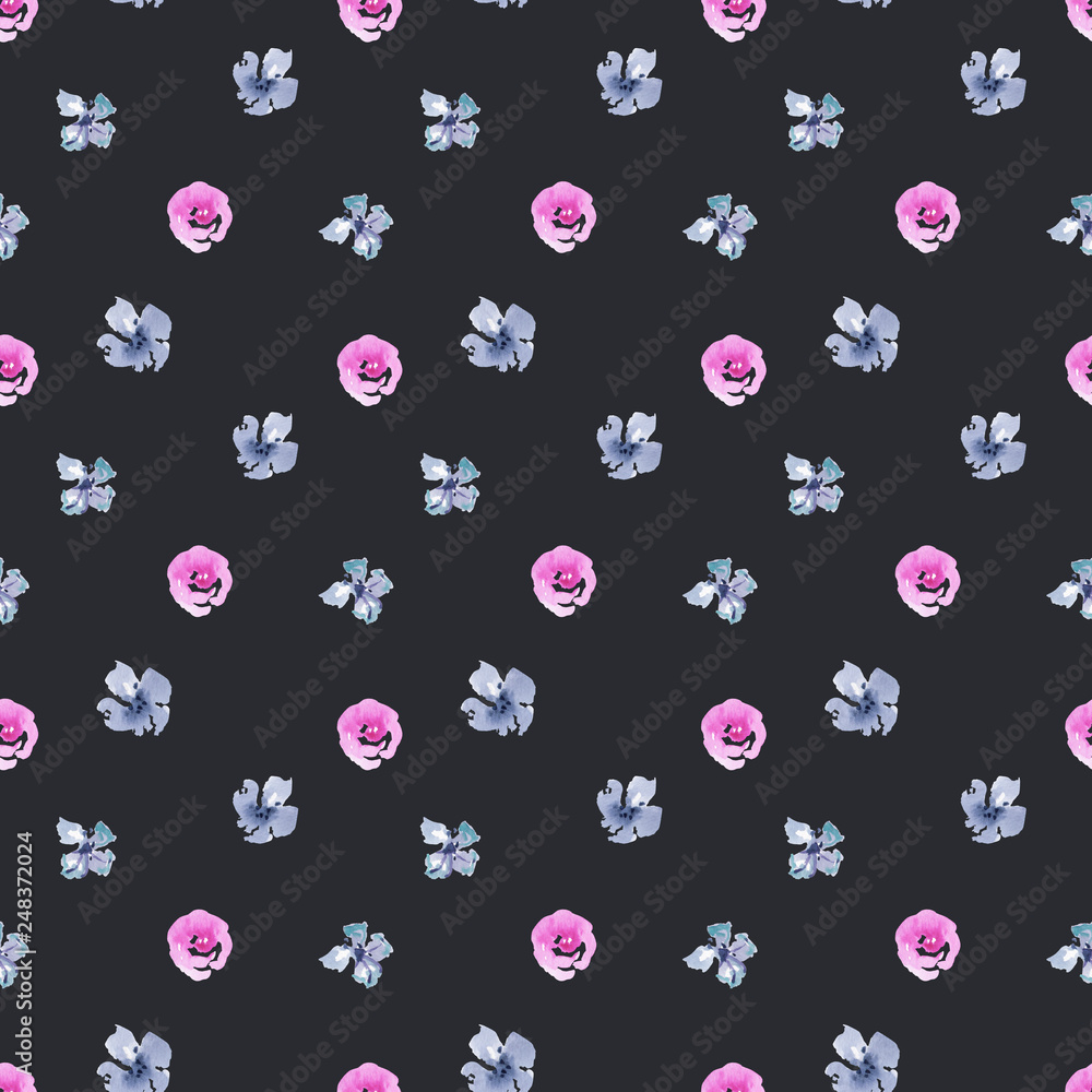Watercolor hand painted simple purple and rose flowers illustration seamless pattern on dark background