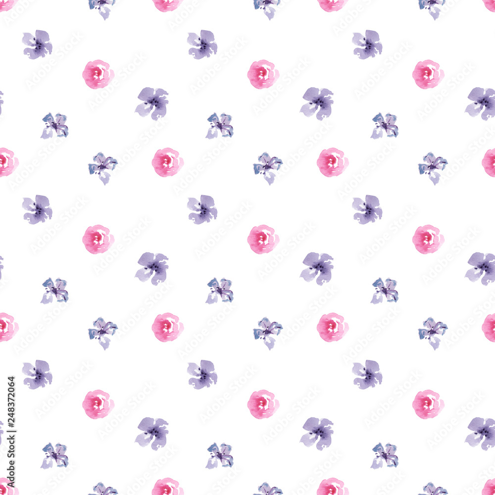 Watercolor hand painted botany purple flowers illustration seamless pattern on white background