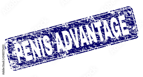 PENIS ADVANTAGE stamp seal watermark with distress texture. Seal shape is a rounded rectangle with frame. Blue vector rubber print of PENIS ADVANTAGE caption with grunge texture.