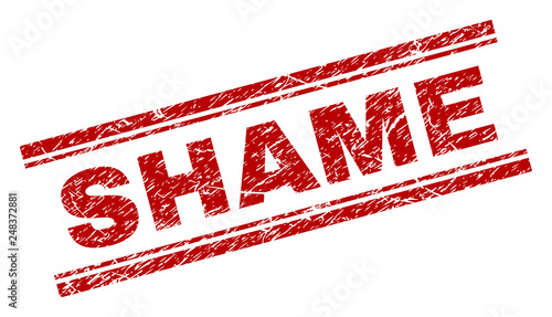 SHAME seal print with grunge effect. Red vector rubber print of SHAME title with unclean texture. Text title is placed between double parallel lines.