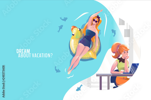 Concept in flat style with woman in office dreaming about vacation.