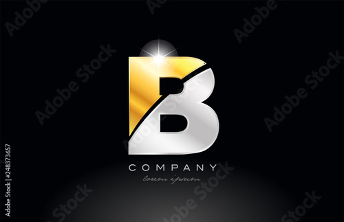 letter B alphabet with gold silver grey metal on black background logo