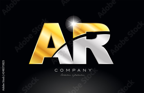 combination letter ar a r alphabet with gold silver grey metal logo