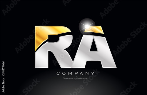 combination letter ra r a alphabet with gold silver grey metal logo