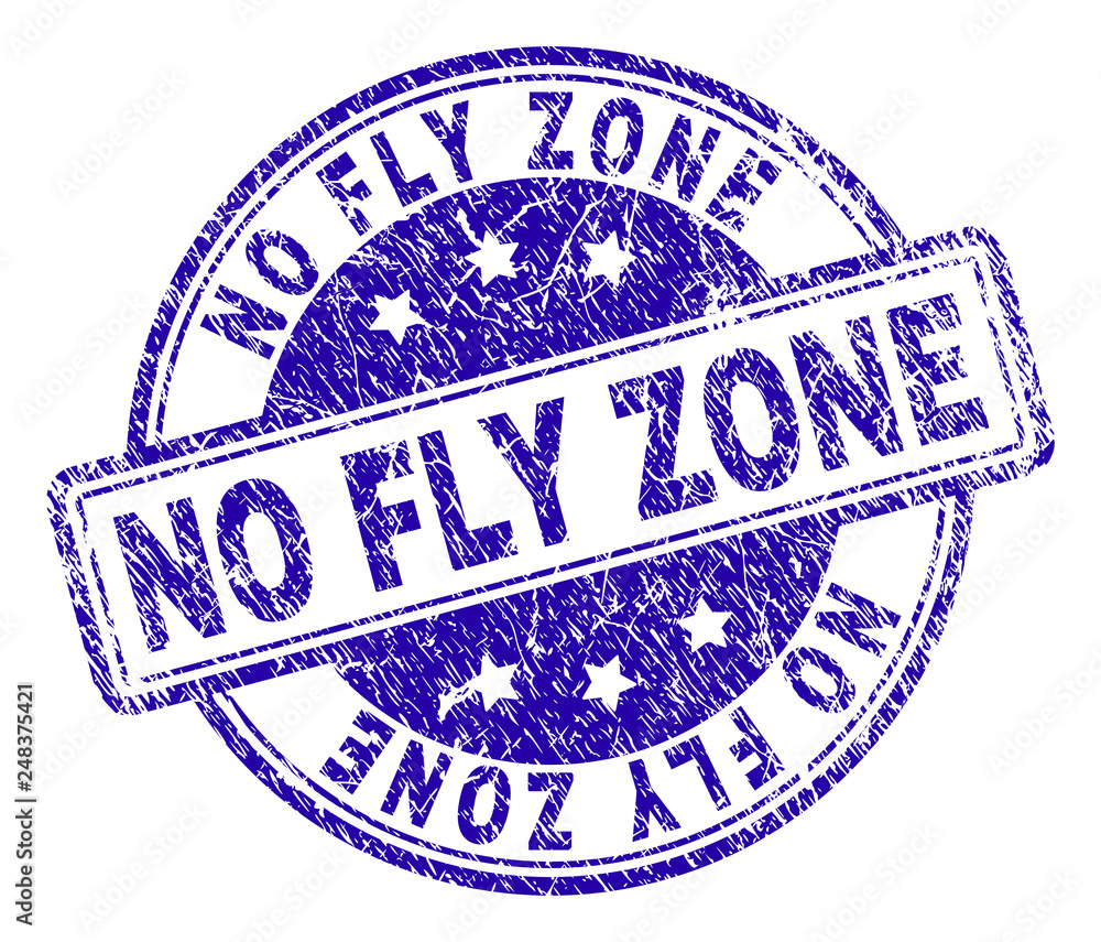 NO FLY ZONE stamp seal watermark with grunge texture. Designed with rounded  rectangles and circles. Blue vector rubber print of NO FLY ZONE tag with  corroded texture. Stock Vector