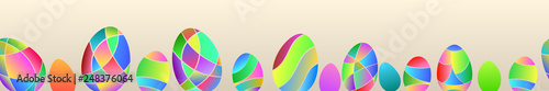 Horizontally repeated seamless banner of multicolor Easter eggs of colored gradient segments on beige background