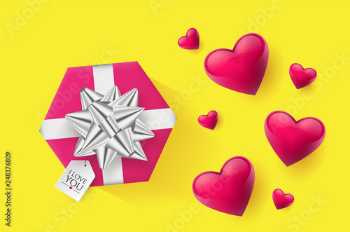 Festive wallpaper decorated with hearts and gifts. Vector illustration