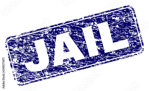 JAIL stamp seal print with distress texture. Seal shape is a rounded rectangle with frame. Blue vector rubber print of JAIL title with scratched texture.