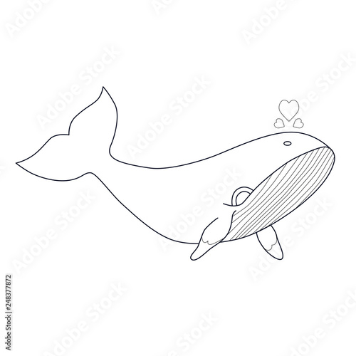 Vector illustration of cartoon whale with hearts splashes, ideal for coloring book