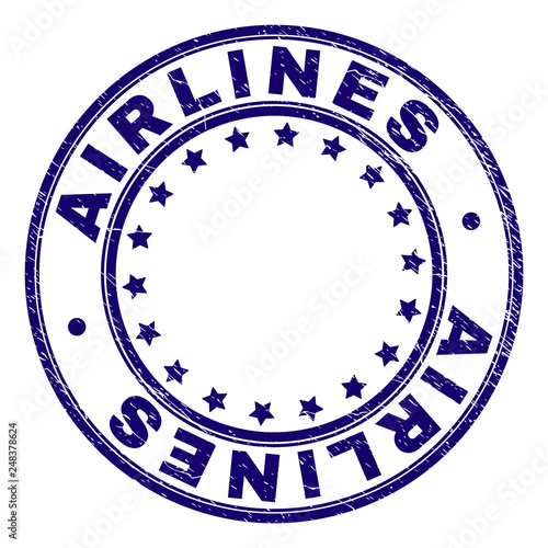 AIRLINES stamp seal imprint with distress texture. Designed with round shapes and stars. Blue vector rubber print of AIRLINES text with grunge texture.