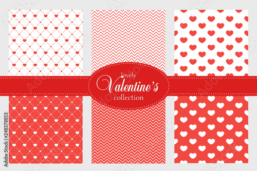 Love pattern. Collection of 6 elegant red seamless patterns on the theme of romance and love. Valentine's day pattern with heart.