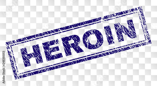HEROIN stamp seal print with rubber print style and double framed rectangle shape. Stamp is placed on a transparent background. Blue vector rubber print of HEROIN title with scratched texture.