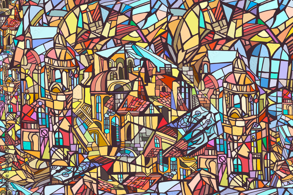 Vector seamless pattern with abstract fantasy Gothic city. Background with decorative Gothic roofs, windows and towers. Stained glass texture. Hand drawn.