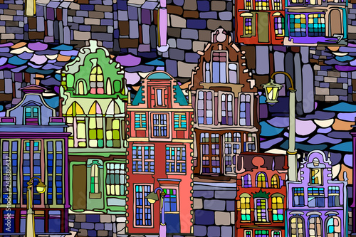 Vector seamless pattern with Dutch fictional vintage houses and canals. Hand drawn.
