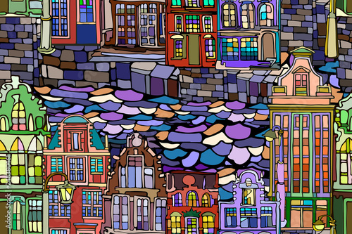 Vector seamless pattern with Dutch fictional vintage houses and canals. Hand drawn.