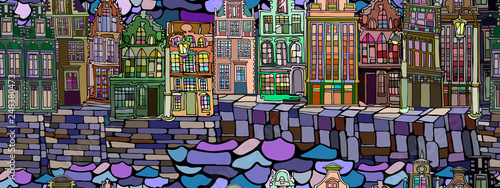 Vector seamless stained glass pattern with Dutch fictional vintage houses. Hand drawn.