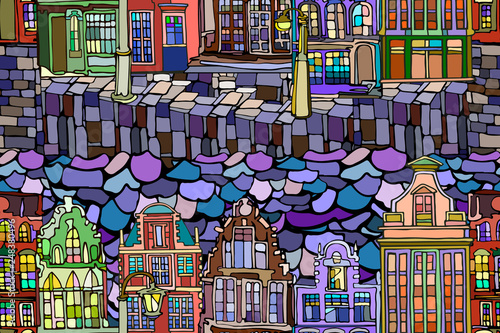 Abstract vector seamless pattern with Dutch fictional vintage houses and canals. Hand drawn stained glass texture.