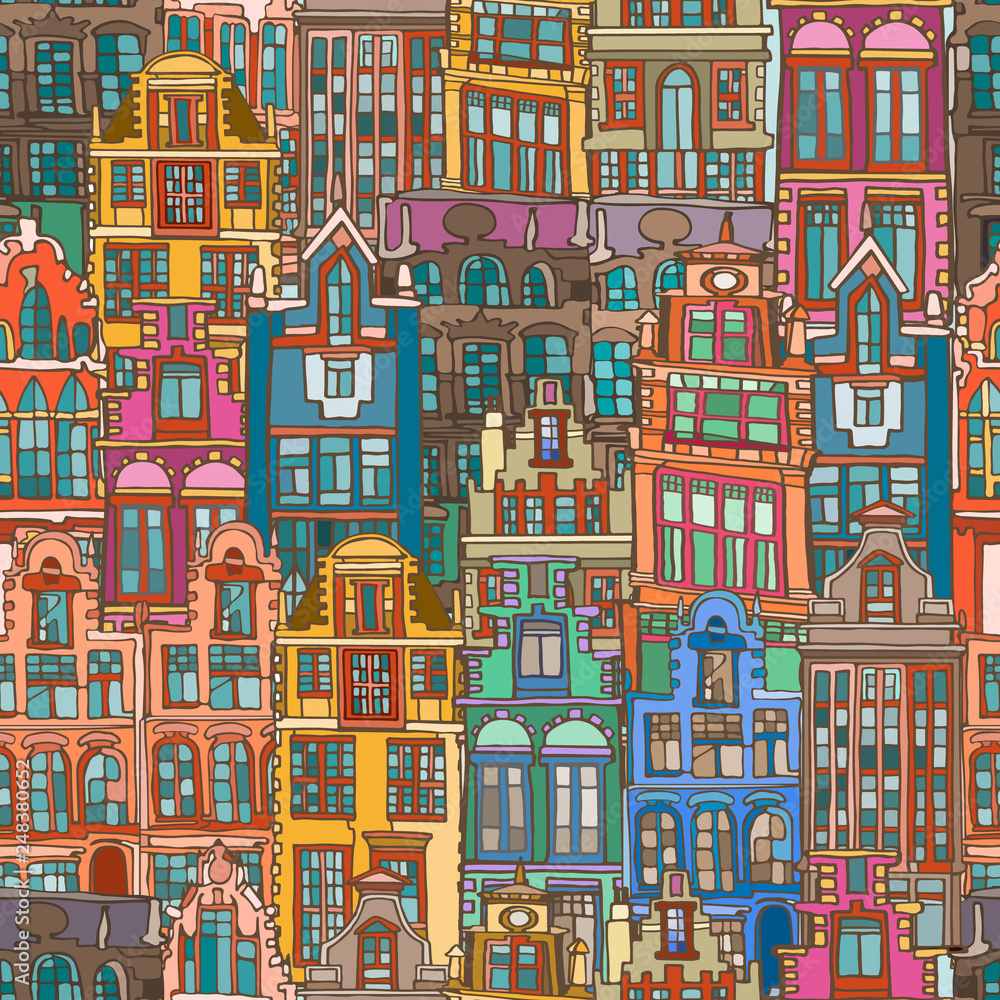 Vector seamless pattern with abstract colorful fictional Dutch houses. Hand drawn.
