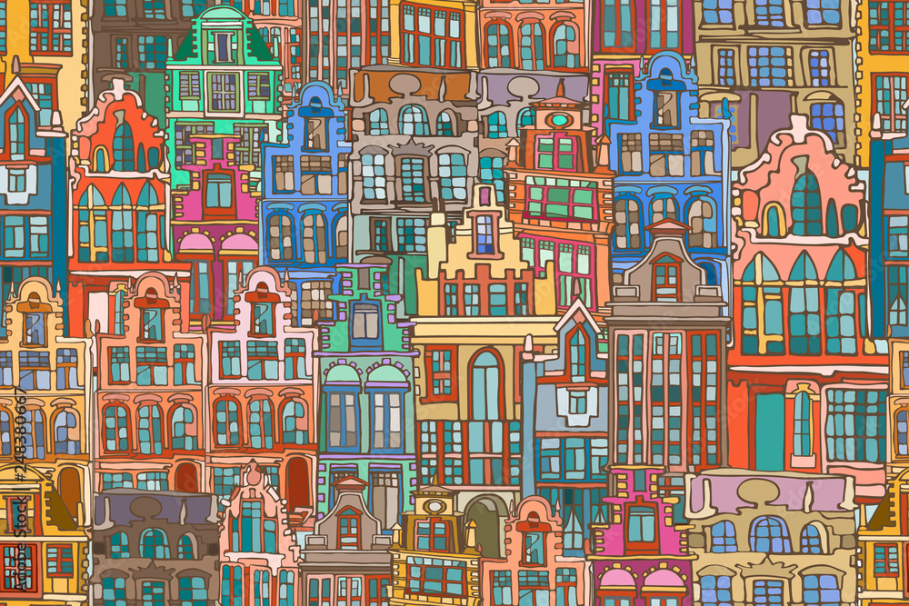 Fototapeta premium Vector seamless pattern with abstract colorful fictional Dutch houses. Hand drawn.