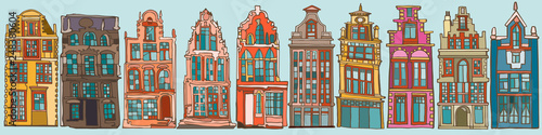 Set of abstract colorful Dutch canal houses.  Hand drawn sketch elements.