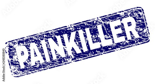 PAINKILLER stamp seal print with distress texture. Seal shape is a rounded rectangle with frame. Blue vector rubber print of PAINKILLER title with corroded texture.