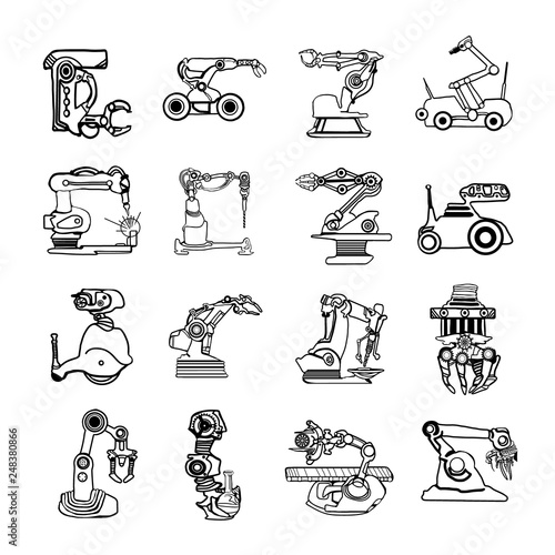 Vector abstract line art robot arm icons set illustrating industrial automation and fantasy machines. Hand drawn.