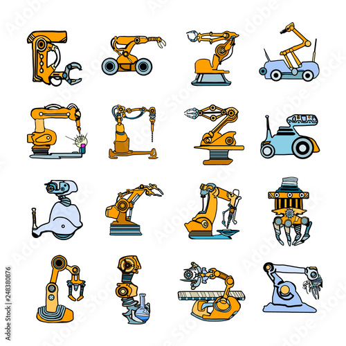 Vector abstract line art colorful robot arm icons set illustrating industrial automation and fantasy machines. Hand drawn.