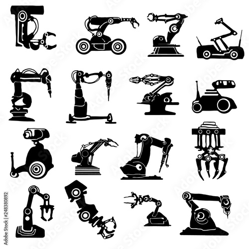 Vector abstract line art robot arm icons set illustrating industrial automation and fantasy machines. Hand drawn.