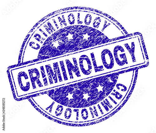 CRIMINOLOGY stamp seal imprint with distress texture. Designed with rounded rectangles and circles. Blue vector rubber print of CRIMINOLOGY tag with dust texture.