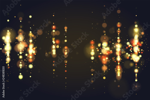 Golden bokeh sparkle glitter lights luxury glamor background. Abstract defocused circular party magic christmas background. Glamorous elegant, shiny, metallic gold background. EPS 10.