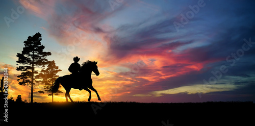 A silhouette of a cowboy and horse at sunset
