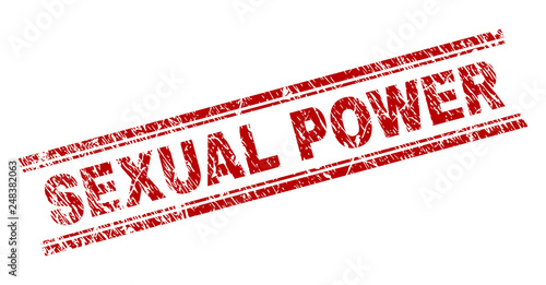 SEXUAL POWER seal print with grunge texture. Red vector rubber print of SEXUAL POWER text with scratched texture. Text tag is placed between double parallel lines.