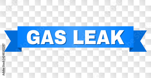 GAS LEAK text on a ribbon. Designed with white title and blue tape. Vector banner with GAS LEAK tag on a transparent background.