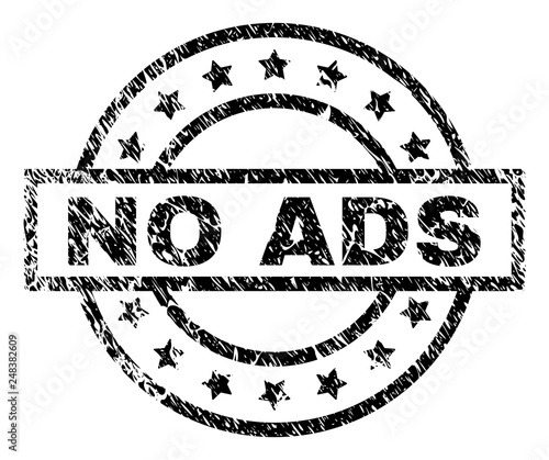 NO ADS stamp seal watermark with distress style. Designed with rectangle, circles and stars. Black vector rubber print of NO ADS title with corroded texture.