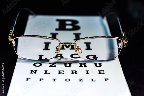 Eye glasses on a eyesight test chart, close up