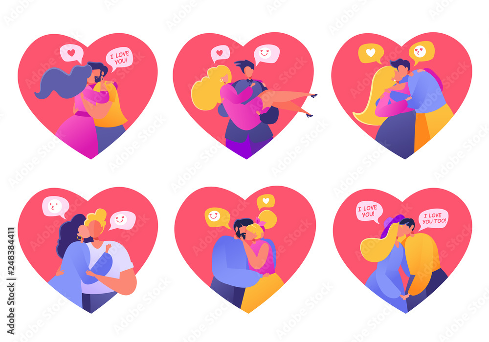 Set of cards, people in love. Valentine dating set. Romantic vector illustration on love story theme. Happy flat people character embrace and kiss. Lifestyle concept on Valentine Day theme. Set of cards, people in love. Valentine dating set. Romantic vector illustration on love story theme. Happy flat people character embrace and kiss. Lifestyle concept on Valentine Day theme.