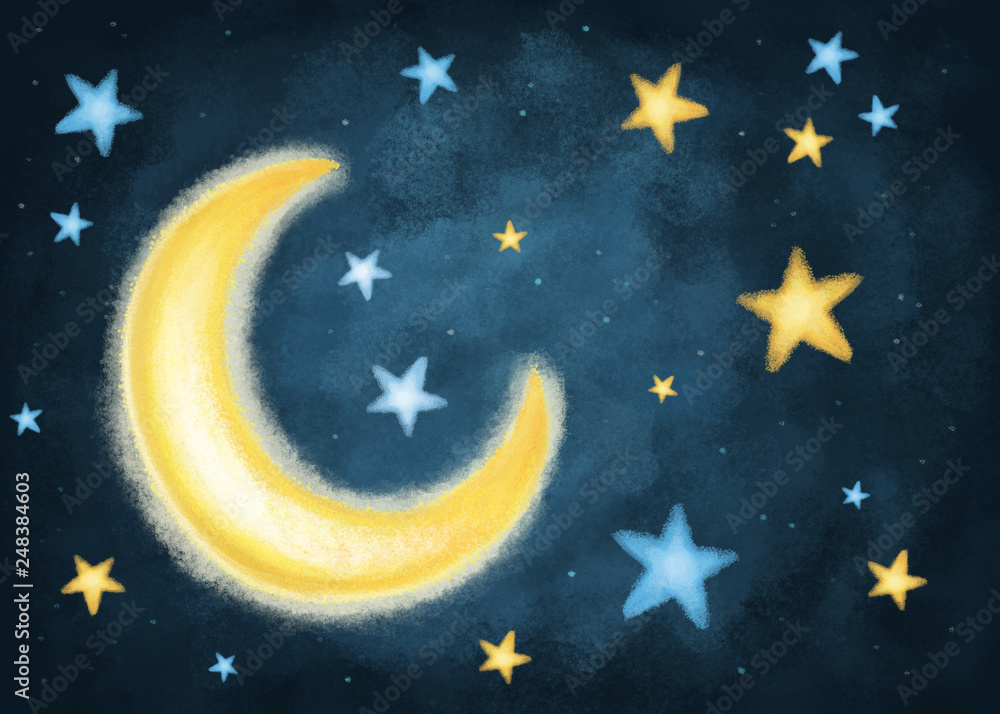 Noche con luna y estrellas  - obrazy, fototapety, plakaty 