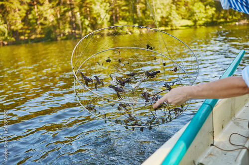 Process of cacthing  crawfish  and tackle in sweet water mountain lake photo