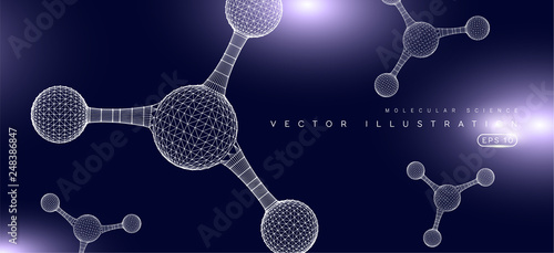 Abstract polygonal molecule structure design template. Low poly biological connected cell. Molecular science technology mesh geometric DNA 3D element. Polygonal science design. Formula particle.