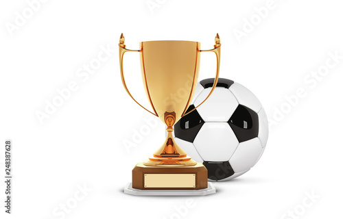 Realistic golden trophy Cup with gold ball inside. Winner Cup and football ball. Shiny golden 3d trophy awards on wooden shelf with soccer ball. Vector Illustration